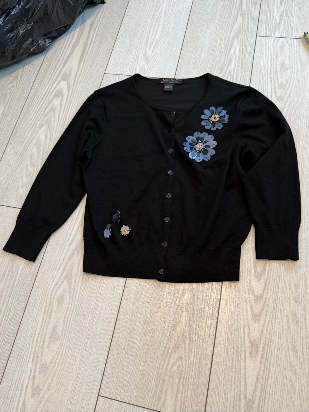 Cest City silk blend beaded cropped button cardigan black small classic sequins